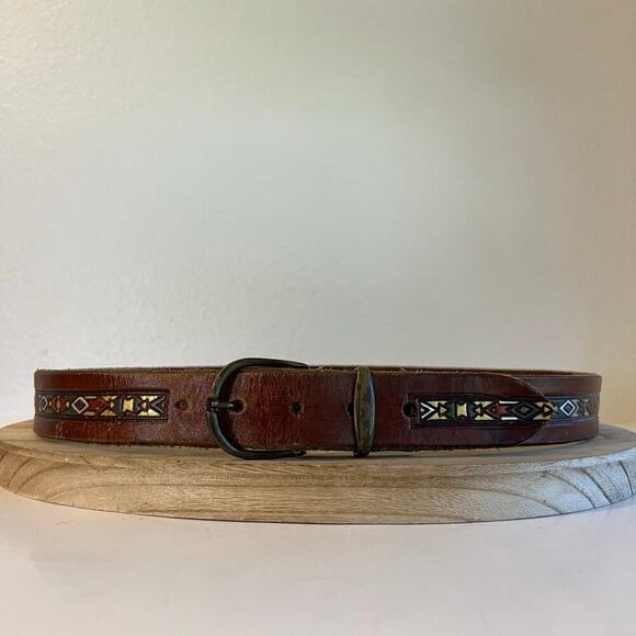 Brown Painted Tooled Southwestern Genuine Leather Brass Buckle Belt Size Large - Picture 2 of 12